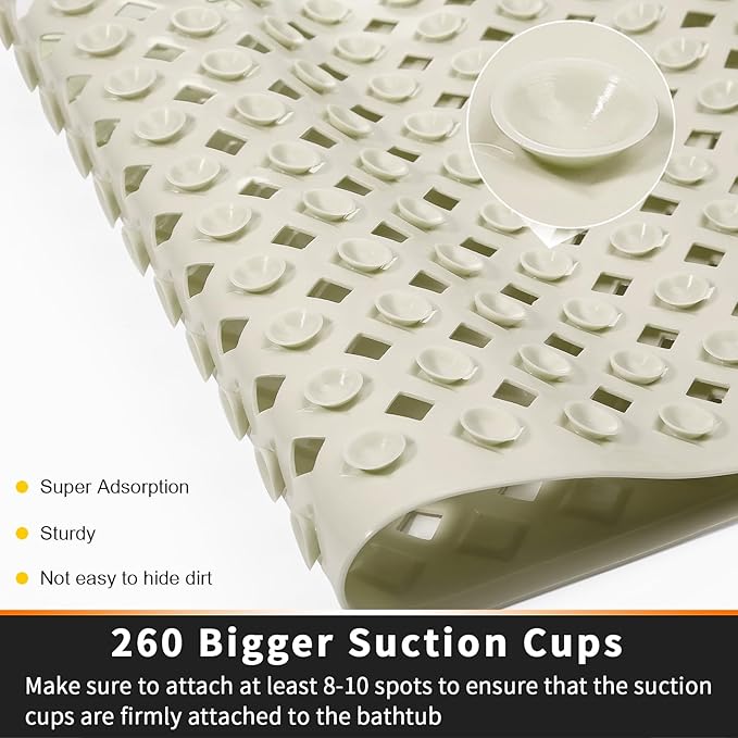 Yimobra Non Slip Bath Mat, Super Strong Suction Cups,34.5"x15.5"Long Tub Mat with Drain Holes, Machine Washable Fast Draining Shower Mats, Bathroom Essentials,Camel