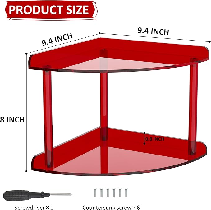 2 Tier Acrylic Corner Shelf Organizer Storage 9.5x9.5x8 Inch, Red Countertop Corner Shelf for Bathroom, Kitchen, Bedroom, Office, Study Room