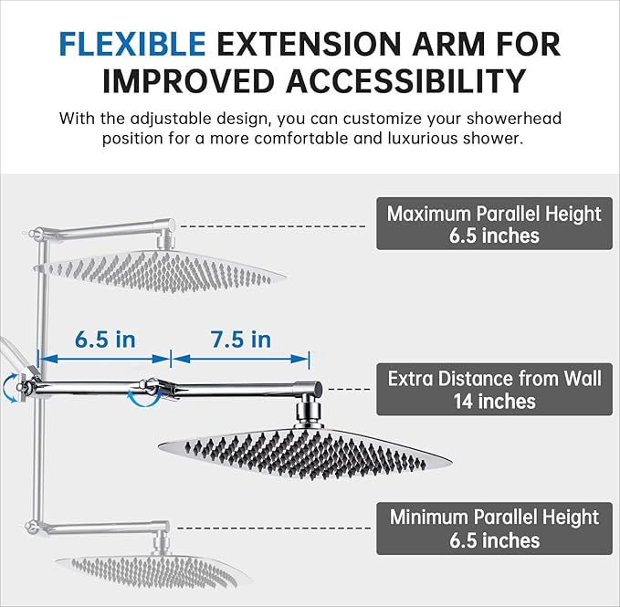 G-Promise All Metal 14 Inches Rainfall Shower Head with Handheld Spray Combo, 3 Settings Diverter, Adjustable Extension Arm with Lock Joints, 71 Inches Stainless Steel Hose (Chrome)