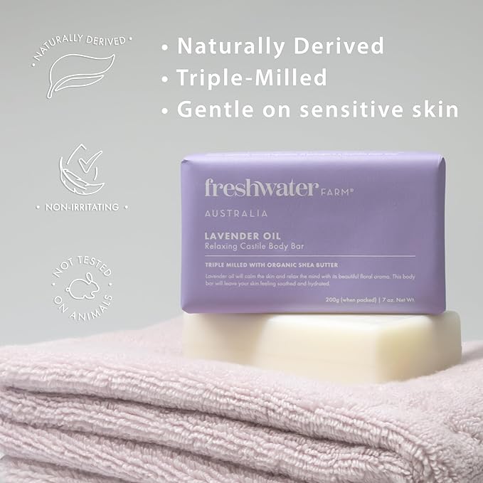 Freshwater Farm Australia Relaxing Castile Natural Bar Soap for Women Men - Lavender Oil - Nourishing Essential Oils For Dry, Sensitive Skin - Natural Bar Soap, Body Soap - 7 oz 8PK, purple