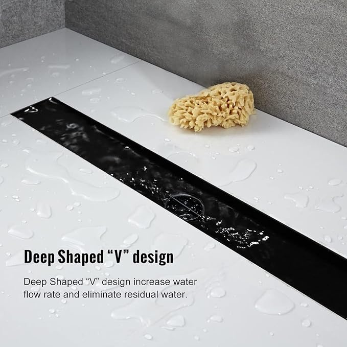 Linear Shower Drain, 28 inch Black Drain with Tile Insert 2-in-1 Panel, Brushed 304 Stainless Steel Shower Floor Drain, Linear Drain with Hair Strainer and Adjustable Feet