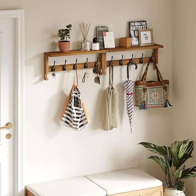 AMBIRD Coat Rack Wall Mounted with Shelf, Coat Hooks Wall Mounted, Wall Hooks for Hanging in Entryway, Living Room, Bathroom, Bedroom (Brown)