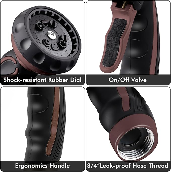 RESTMO Hose Nozzle with Easy Self-Lock Trigger, Heavy Duty Metal Water Hose Sprayer with 9 Spray Patterns and On/Off Valve, Ideal for Outdoor Lawn & Garden Watering, Car & Pet Washing, Brown