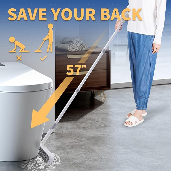BOOMJOY Grout Brush with Long Handle, 57" Grout Cleaner for Tile Floors, Double-Sided with V-Shape Stiff Bristles for Bathroom, Patio, Kitchen, Wall, Corners and Deck