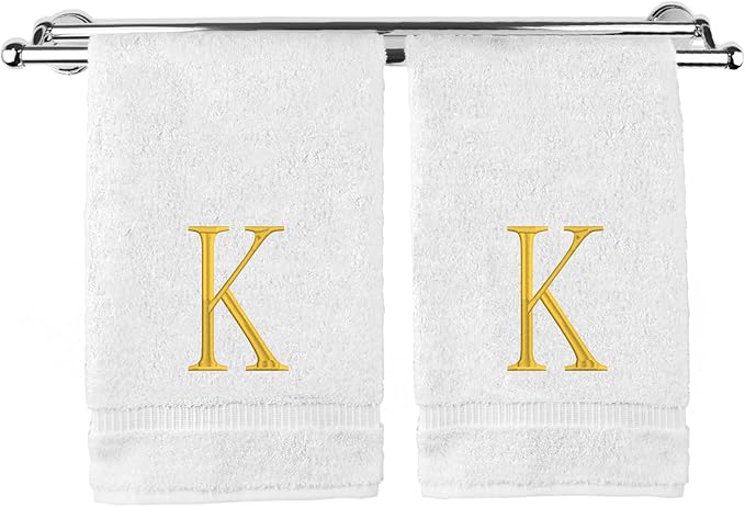 Monogrammed Hand Towel, Personalized Initial Gift, Extra Absorbent 100% Turkish Cotton - Soft Terry Finish - Set of 2 - Gold Block Initial K - Embroidered on White Towels