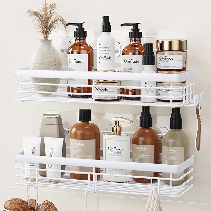 Orimade Shower Caddy with 5 Hooks for Hanging Razor and Sponge Adhesive Shower Shelf Basket Bathroom Storage Organizer Kitchen Rack No Drilling Stainless Steel Rustproof - 2 Pack,White