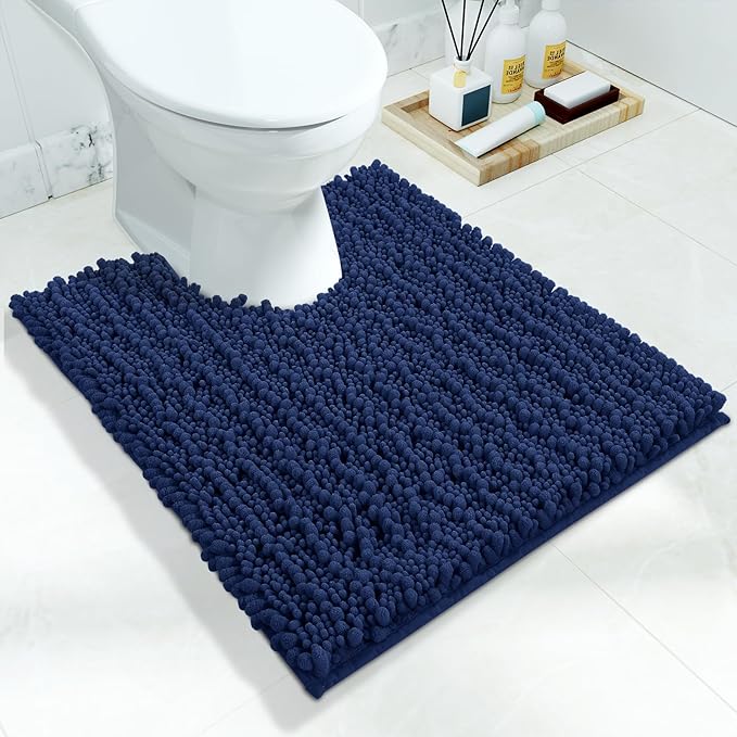Yimobra Toilet Rug U Shaped Washable 24x20 Inch - Ultra Soft Absorbent Chenille Bath Rugs for Toilet, Quick Dry & Machine Washable, Non Slip Contour Bathroom Mat, Navy Blue