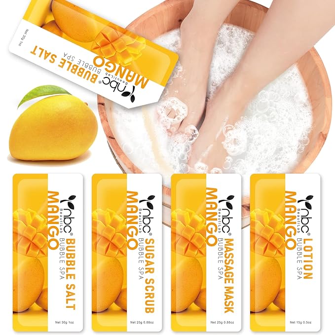 Pedicure Kit Foot Soak Set: Bubble Salt, Sugar Scrub, Massage Mask, Massage Lotion in a Box, 4 Step Foot Spa Kit for Dry Feet,Tired Feet （1 Set Mango)