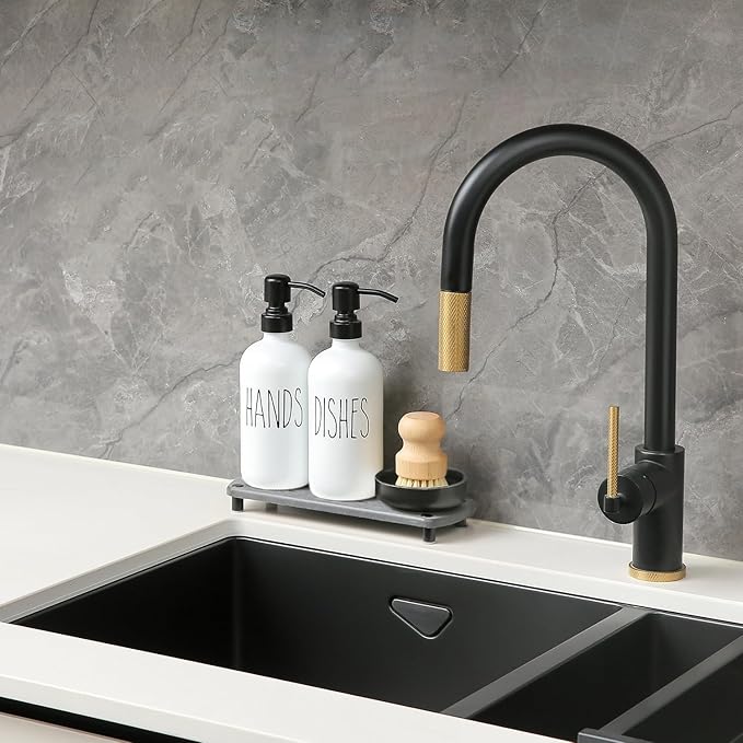 MOMEEMO White Soap Dispenser Set Comes with Stainless Pumps, Black Instant Dry Tray, and Dish Scrub Brush, Suitable for Kitchen Decor and Accessories. (White & Black)