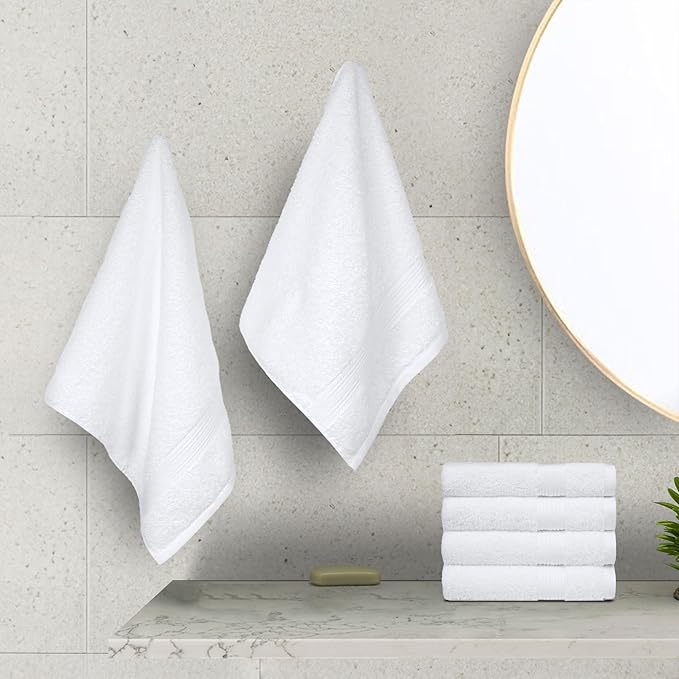Amazon Basics 6 Piece hand towels for bathroom, Fade Resistant 100% Cotton Hand Towels, soft absorbent bathroom hand towels 6 - Pack (26''x16''), White