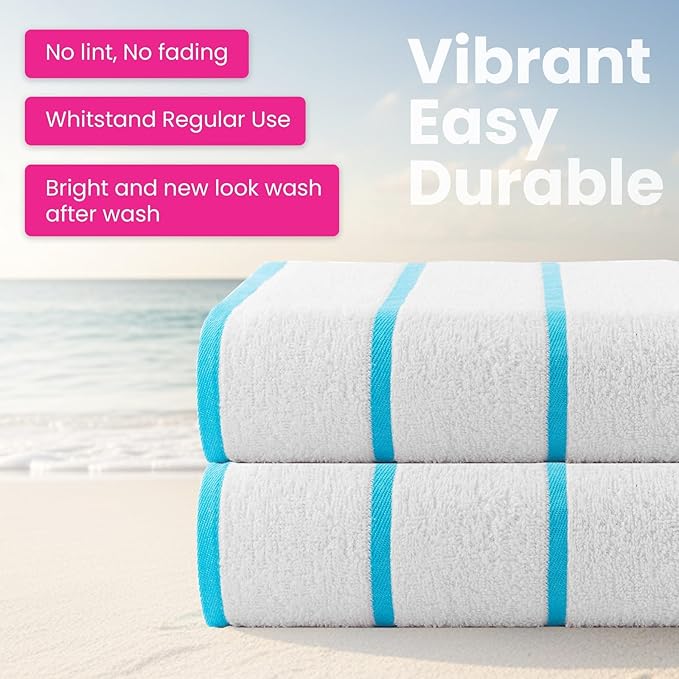 CASA COPENHAGEN Cabana Beach Towel Designed in Denmark Rough and Tough, Quick Dry, Pool, Bath & Shower 30x60 inches 4 Pieces Cotton Beach Bath Towels Set - White Teal Stripe