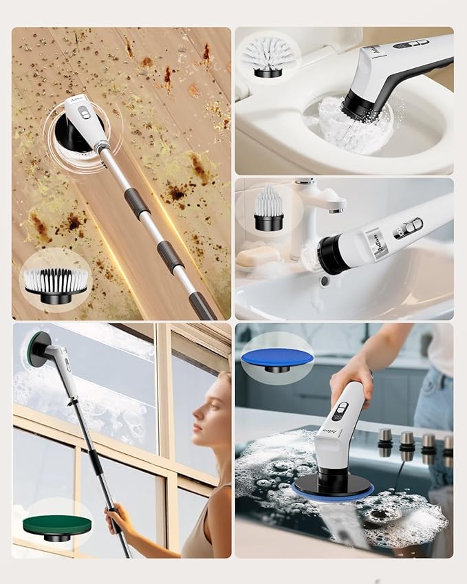 Antime Electric Spin Scrubber with LED Light, IPX8 Waterproof Cleaning Brush with LCD Display, 5 Replaceable Brush Heads, Shower Scrubber with 25kg Torque, 90min Runtime for Bathroom, Kitchen, Tile
