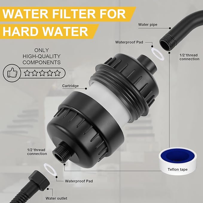 BESy HEAVY DUTY Filter for Hard Water High Output Shower Filtered Universal Multi-Stage Shower Head Filters for Removing Chlorine Improves The Condition of Your Skin Hair and Nails Matte Black