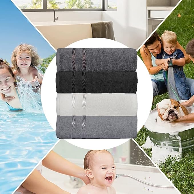 CASA COPENHAGEN Ember, 500 GSM, 27x55 Inches Large Bath Towels, Set of 4 Towels, Super Soft and Absorbent, Egyptian Cotton Towels for Bathroom & Shower - Light Grey +White +Black +Dark Grey
