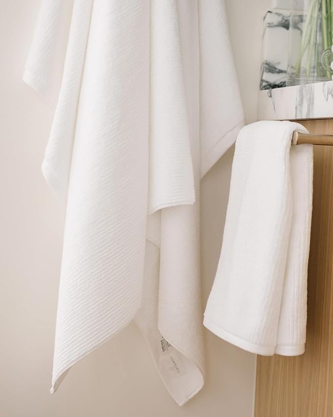 Cozy Earth Ribbed Hand Towel Set - 60% Cotton 40% Viscose from Bamboo Hand Towels - Soft & Absorbent Textured Ribbed Pattern - 2 Pack White