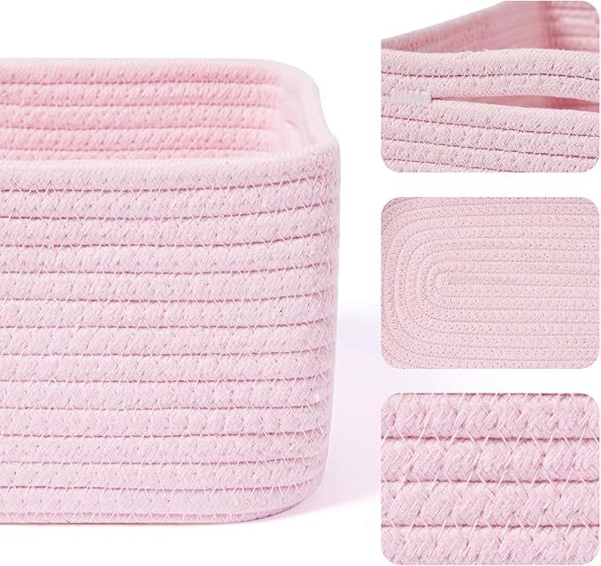 Small Storage Baskets for Organizing | Closet Organizer Bins | Shelf Toy Basket | Woven Rope Baskets | Cube Decorative Box | Shallow Basket | 13x8.5x5.1” | 3 Packs Pink