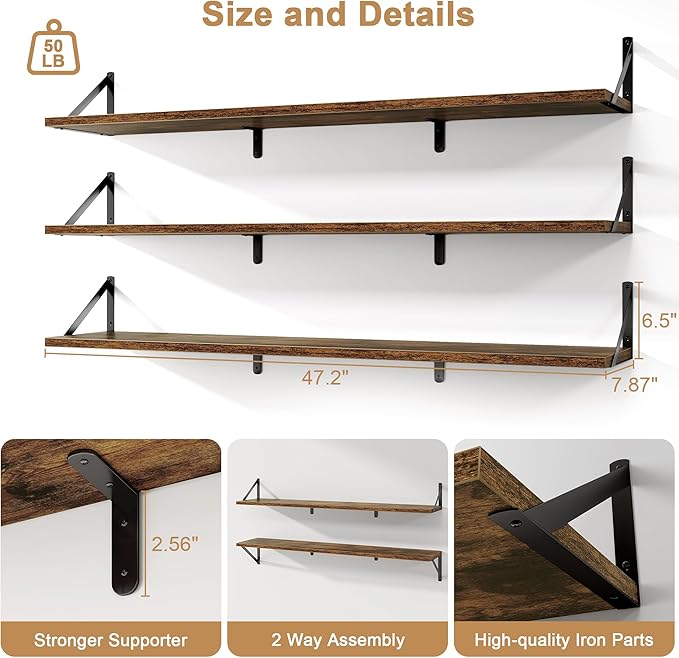 Fun Memories Extra Long Floating Wall Shelves, 48 x 8 Inches, Set of 3 Large Wood Floating Bookshelves with Metal Brackets for Storage & Display (Rustic Brown)