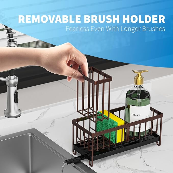 Cisily Brown Sponge Holder for Kitchen Sink, Sink Caddy Organizer with High Brush Holder, Kitchen Countertop Organizers and Storage Essentials, Rustproof 304 Stainless Steel, Soap Dispenser Organize
