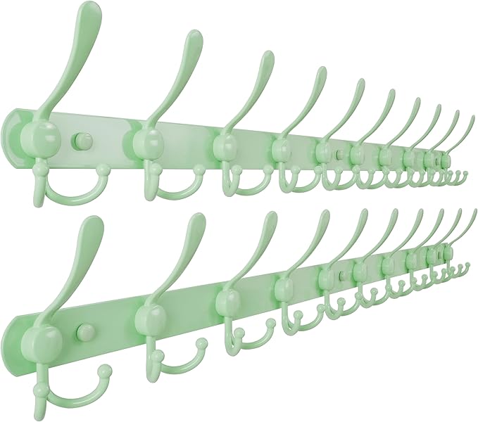 Dseap Coat Rack Wall Mount - 38” Long 10-Tri-Hooks Heavy Duty Coat Hanger Rail Wall Hooks for Hanging Coats Hats Clothing Clothes Purse Mudroom Entryway, Green, Pack of 2