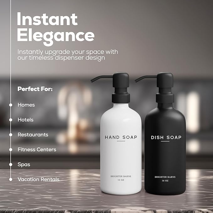 Luxury Glass Hand and Dish Soap Dispenser Set by Brighter Barns - Kitchen Soap Dispenser Set with Stainless Steel Pump for Kitchen Sink - Neutral Modern Farmhouse Home Decor for Airbnb (Black/White)