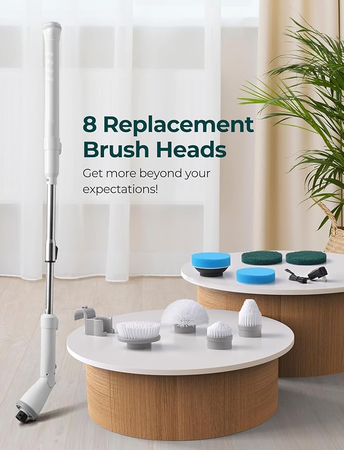 Sweepulire Electric Spin Scrubber for Cleaning, Shower Scrubber with Long Handle, 2 Spin Speeds, Bathroom Scrubber with 8 Replacement Heads, Bath Tub Cleaner Brush for Floor, Tub, Shower, Tile