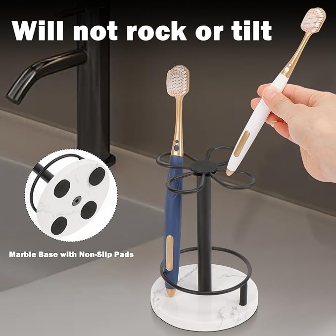 HarJue Toothbrush Holder Stand for Bathroom, Metal Toothbrush Organizer with Marble Base, Toothbrush Storage Collection for Family, Suitable for Home Hotel Countertop Vanity (Small, Matte Black)