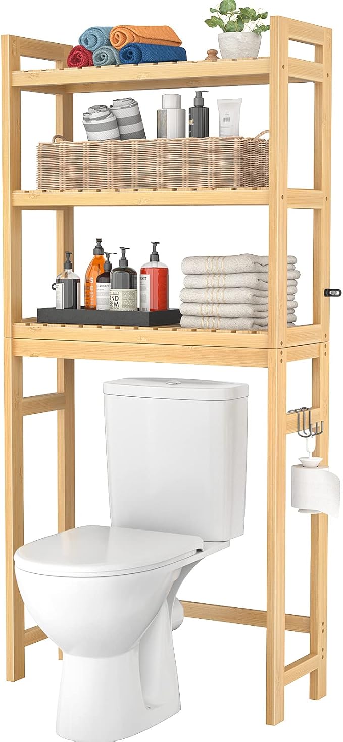 Homykic Over The Toilet Storage, 3-Tier Bamboo Bathroom Shelf with 3 Hooks, Above Toilet Organizer Rack Freestanding for Small Space, Restroom, Laundry, Easy Assembly, Natural