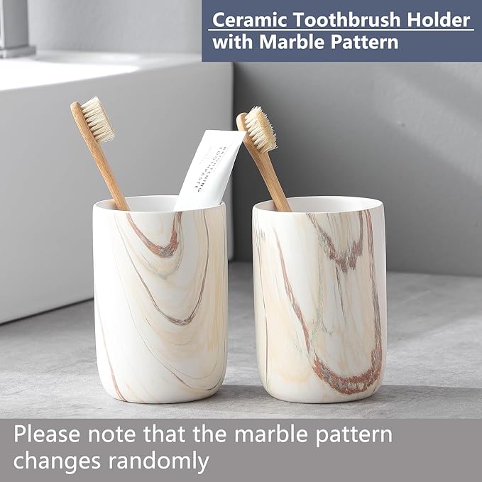 Brown Marble Toothbrush Holders - Ceramic Toothbrush Holders for Bathrooms, Toothbrush Toothpaste Holders, 2 Marble Bathroom Tumbler Cups Reusable Toothbrush Mouthwash Cup, Bathroom Counter Organizer