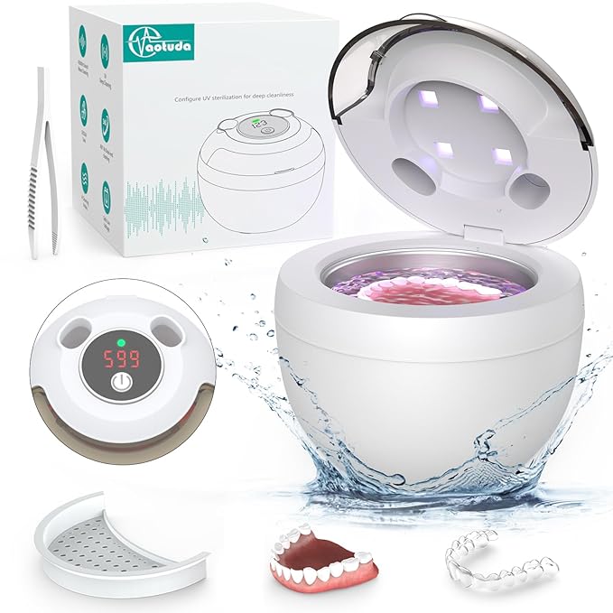 45kHz Retainer Cleaner Machine, 200ML Ultrasonic Dental Cleaning Pod with 4 Modes, Digital Timer, Mouth Guard Cleaner for Denture, Aligner, Braces, Toothbrush, Jewelry and More (White)