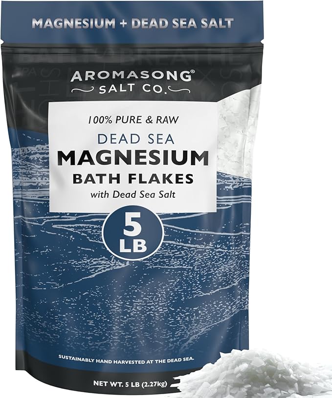 Aromasong Raw Magnesium Flakes for Bath + Dead Sea Salt for Soaking - 5 Lb Resealable Pack Magnesium Chloride Flakes - Organic Bath Salt Relaxing Mineral Soak (Packaging May Vary)