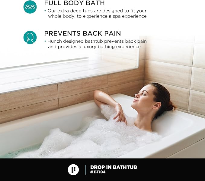 Fine Fixtures Drop In White Soaking Bathtub, Fiberglass Acrylic Material, 60"L x 30"W x 19"H