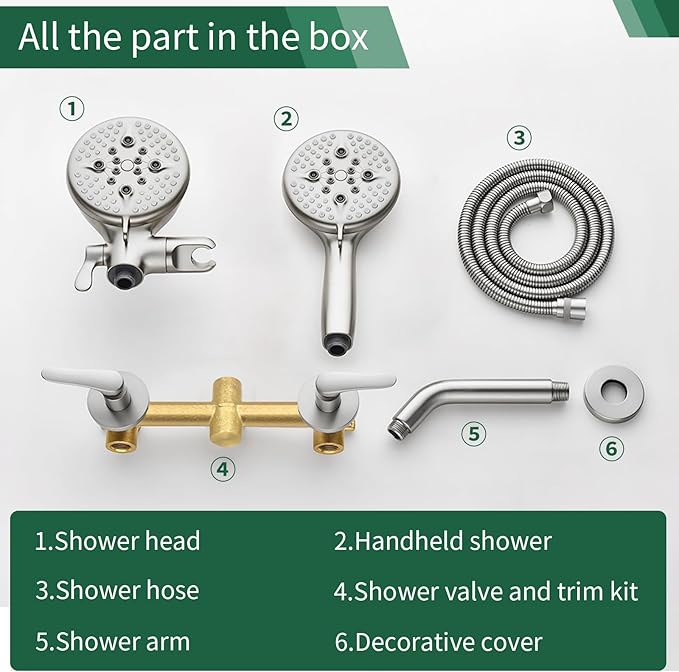 2 Handle Shower Faucet Shower System Complete 2 in 1 Shower Combo Set with Handheld Showerhead Shower Trim Kit Shower Fixtures Brushed Nickel