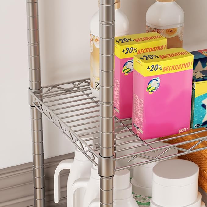 SINGAYE 5 Shelves Storage Shelf Wire Closet Bathroom Organizers Metal Pantry Kitchen Garage Shelving Unit Laundry Room Organization Home Rack Net Basket White with Wheels