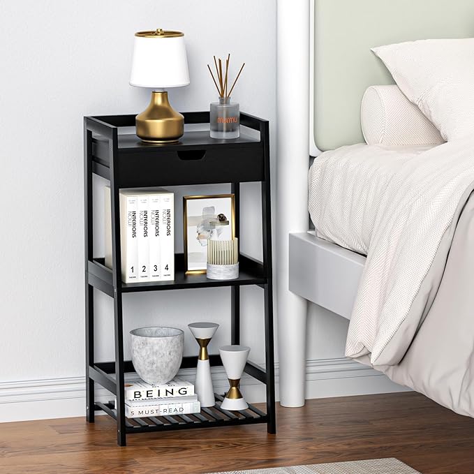 3 Tier Bamboo Bathroom Shelves with Drawer, Ladder Shelf for Bathroom Storage, Space-Saving Design, Stylish Display Nightstand, Stylish Storage Solution for Home, Living Room, Kitchen, Office