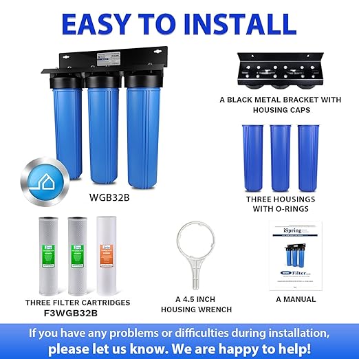 iSpring Whole House Water Filter System, Highly Reduces Sediment, Taste, Odor, and up to 99% Chlorine, 3-Stage w/ 20-Inch Sediment and Carbon Block Filters, Model: WGB32B, 1" Inlet/Outlet