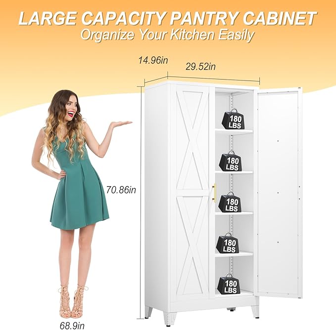 71" H Metal Kitchen Pantry Storage Cabinet, Freestanding Cupboard with 2 Doors and 4 Adjustable Shelves, Standing Storage for Kitchen, Bathroom, Garage, Dinning Room or Utility Room（White）