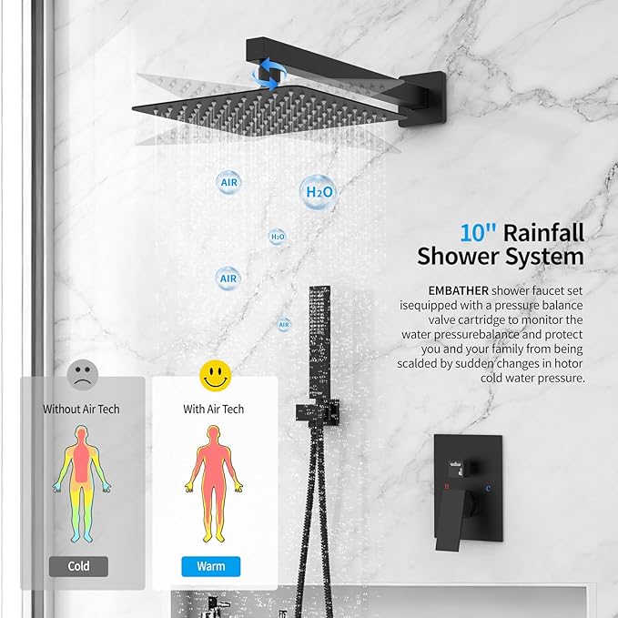 Black Shower System Sets Faucet: EMBATHER 10 Inch Overhead Rainhead Shower Combo Set with Handheld and Valve-Luxury Rain Mixer Rainfall Black Shower Faucets Sets Complete