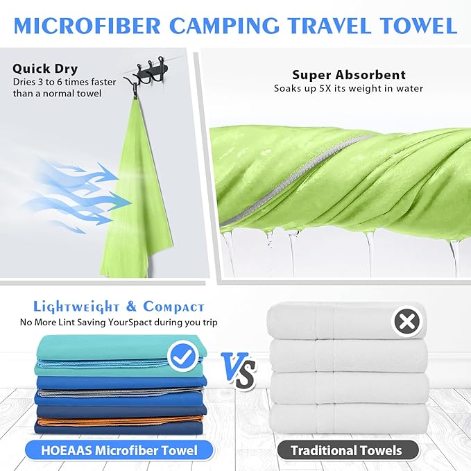 HOEAAS 2 Pack Microfiber Camping Towels, Quick Dry Towel, Super Absorbent Ultra Compact Travel Towel Soft Lightweight Sports Towel for Sweat Fast Drying Towels for Pool,Gym,Hiking,Backpacking,Fitness
