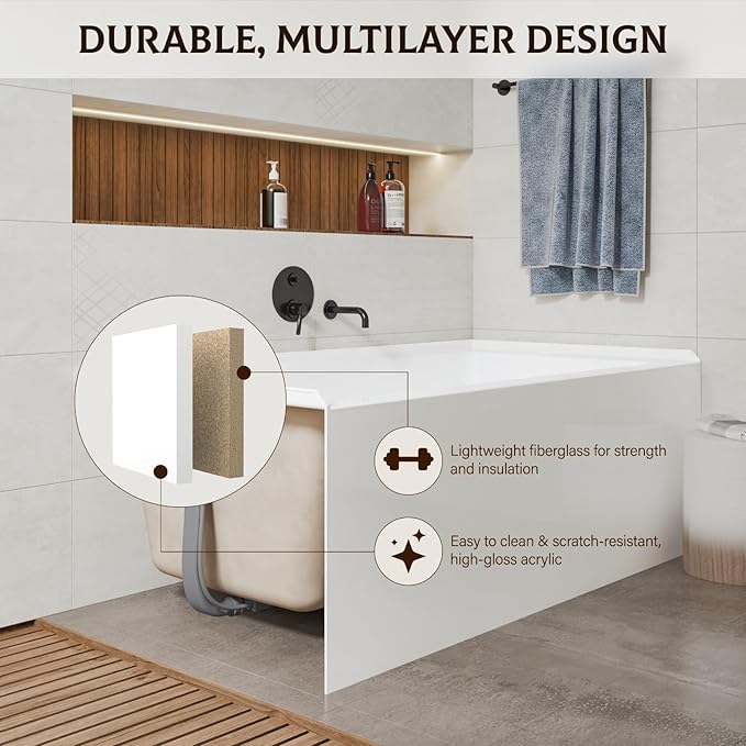 60x30 Inch Acrylic Bathtub, Single Apron Alcove Soaking Tub with Right-Side Overflow & Drain, Space-Saving Built-In Design, Easy Install for Modern Bathrooms