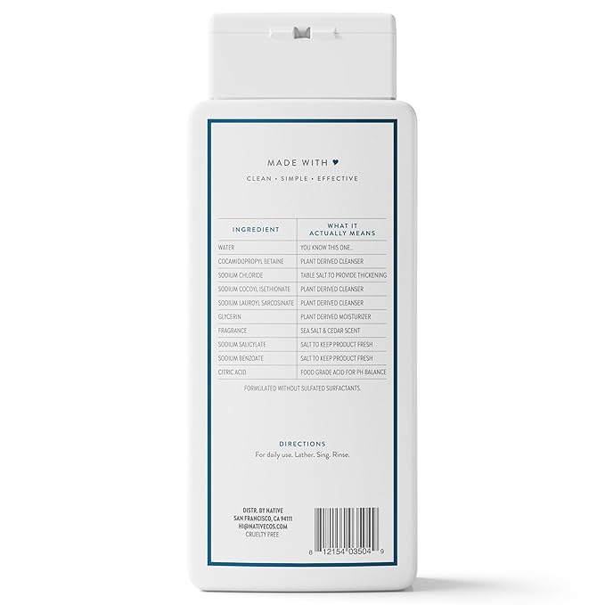 Native Body Wash Contains Naturally Derived Ingredients | For Women & Men, Sulfate, Paraben, & Dye Free Leaving Skin Soft and Hydrating | Sea Salt & Cedar 18 oz