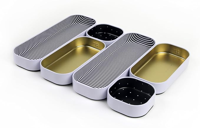Three by Three Seattle 6 Piece Shallow Metal Organizer Tray Set for Storing Makeup, Stationery, Utensils, and More in Office Desk, Kitchen and Bathroom Drawers (1 Inch, Gold Dots and Stripes)