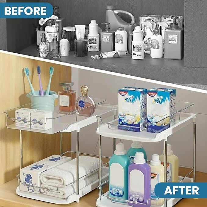 Bathroom Organizers And Storage – With Multipurpose Holder, 2 Sets of 2 Tiers Stackable Under Sink Bathroom Drawer Organizer Multi-Purpose Pantry Organizer And Kitchen Organization With Dividers