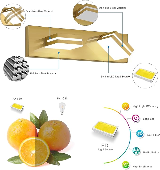 SineRise LED Modern Bathroom Vanity Light Fixtures (2-Light, 15.5-Inch), Brass Modern Acrylic Bathroom Wall Lighting Fixtures Over Mirror (Cool White 6000K)