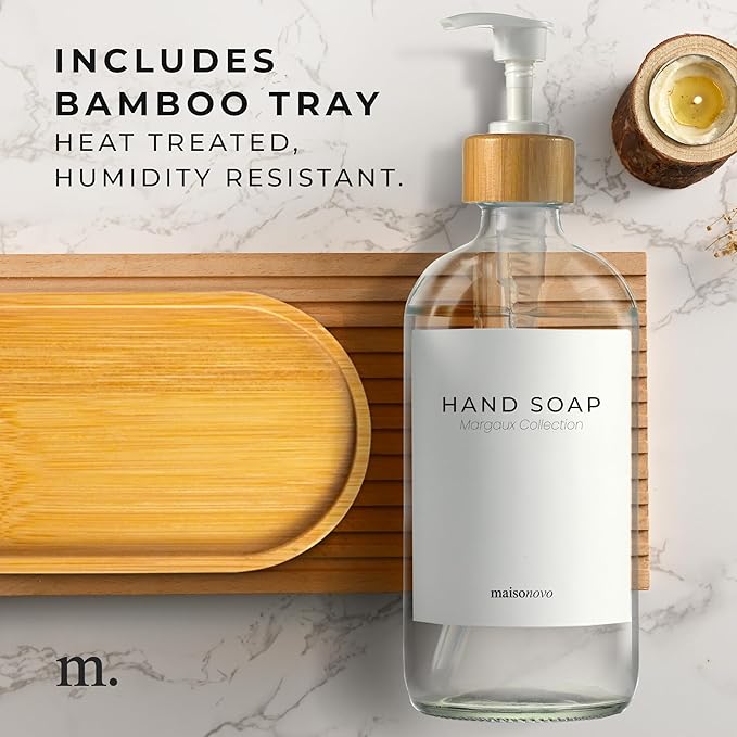 Maisonovo Glass Soap Dispenser Bathroom Set | Hand Soap and Dish Soap Dispenser Set | 16.9oz Clear Bottles with White Bamboo Pump | Bathroom Lotion Dispenser with Pump Set of 2