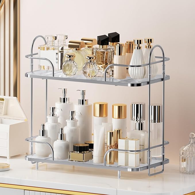 Seoneiro 2 Tier Corner Bathroom Counter Organizer, Cosmetic Skincare ，Bathroom Countertop Perfume Tray Vanity, Kitchen Spice Corner Storage Shelf