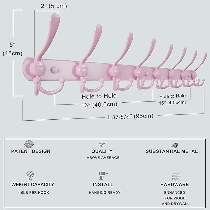 Dseap Coat Rack Wall Mount - 38” Long 10-Tri-Hooks Heavy Duty Coat Hanger Rail Wall Hooks for Hanging Coats Hats Clothing Clothes Purse Mudroom Entryway, Pink