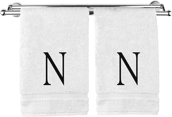 Monogrammed Hand Towel, Personalized Initial Gift, Extra Absorbent 100% Turkish Cotton - Soft Terry Finish - Set of 2 - Black Block Initial N - Embroidered on White Towels
