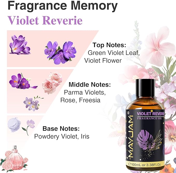 Violet Reverie Fragrance Oil Essential Oil, MAYJAM 3.38FL.OZ Violet Reverie Oil for Diffusers for Home, Long Lasting Scented Oils for Soap Candle Making - 100ML