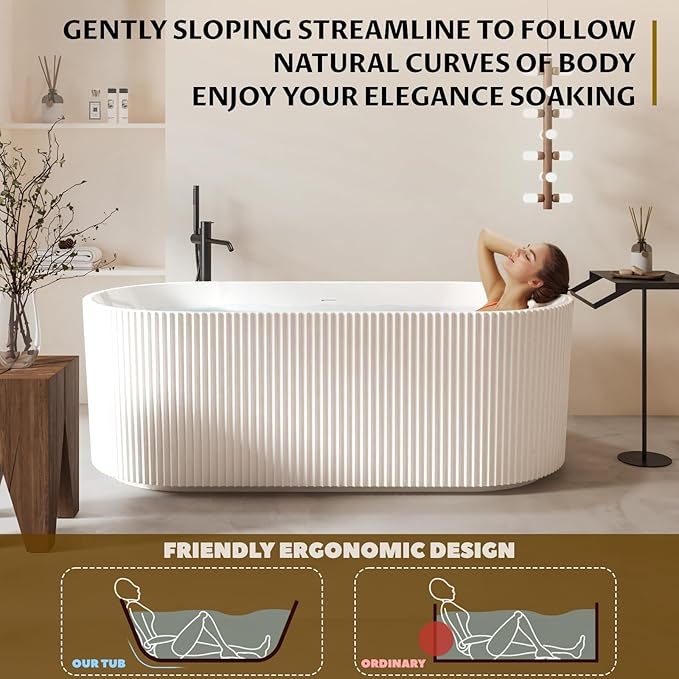 59-in Freestanding Bathtub - Acrylic Soaking Tub with Overflow Drain - CUPC Certified Thickened Design Glossy White for Bathroom