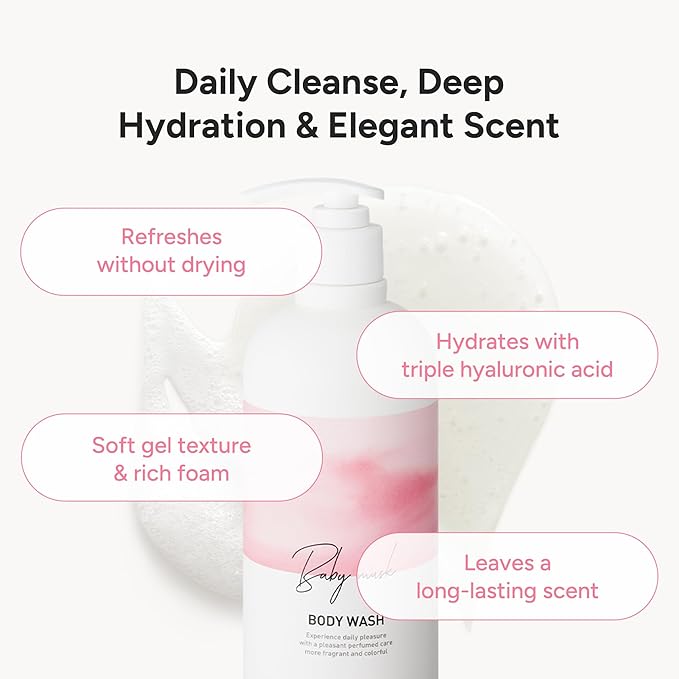 Korean Body Wash with Hyaluronic Acid & Aloe – Hydrating Moisturizing Cleanser for All Skin – Infused with Natural Extracts – Paraben & Silicone-Free – Baby Musk, 500ml / 16.9 fl oz